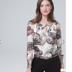 NWT White House Black Market Silk-Blend Paisley-Burnout Blouse Black Red XS